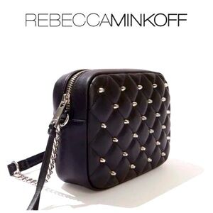 Rebecca Minkoff Diamond Quilt Studded Top Zip Crossbody Bag Black & Silver NWT
